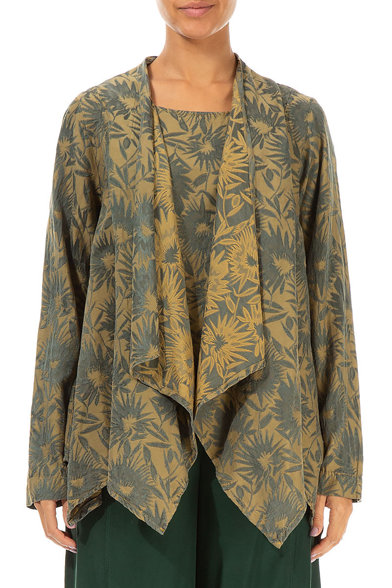 Floral Olive Yellow Silk Cotton Jacket - Blouse 1
