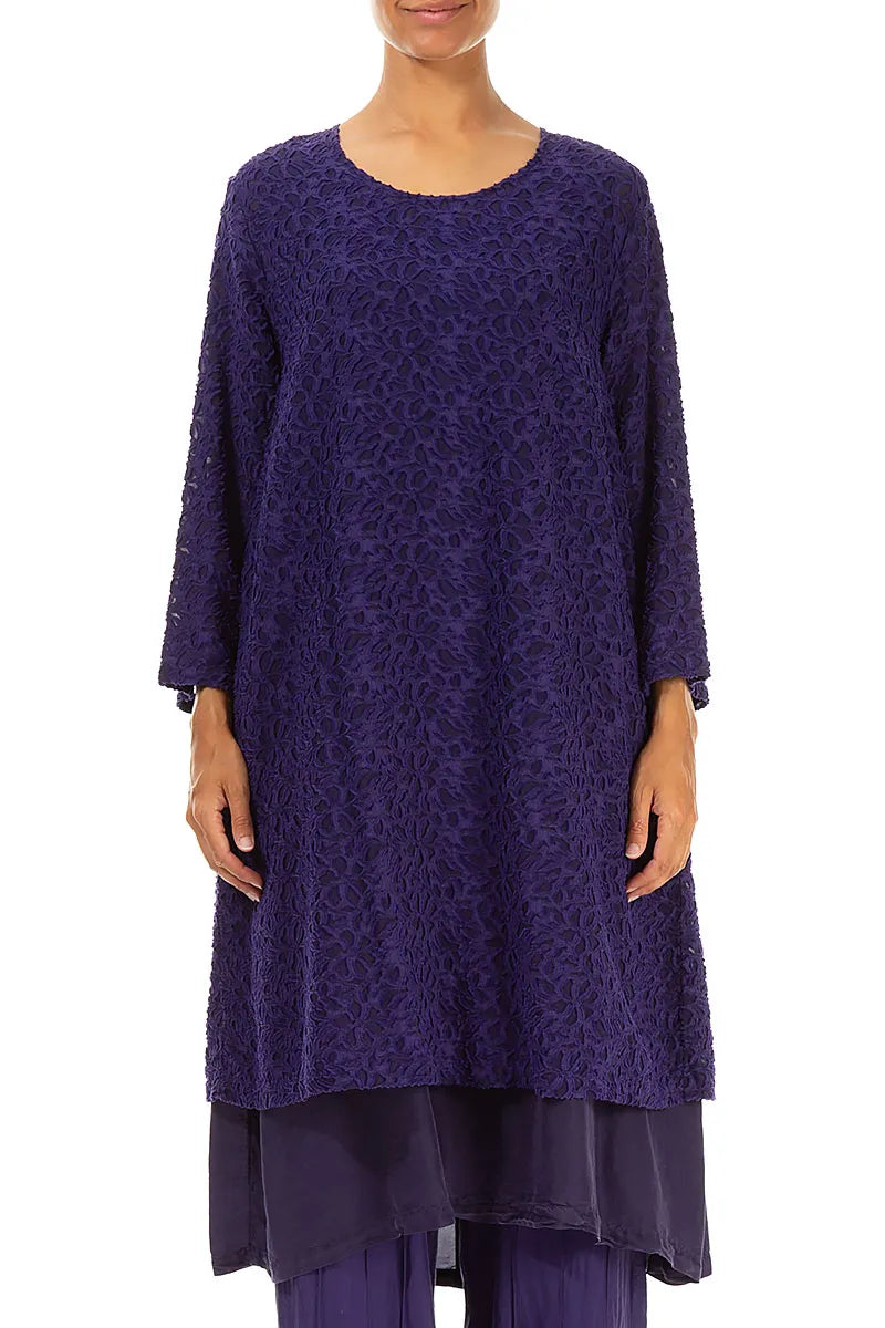 Floral Texture Layered Royal Purple Silk Dress 1