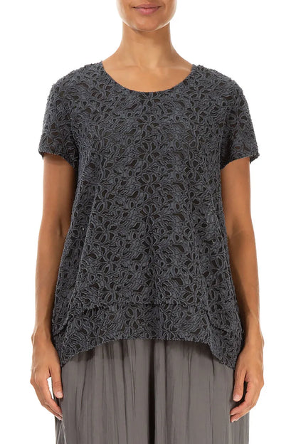 Floral Texture Slate Blue Silk Blouse 1