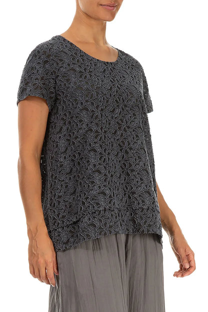 Floral Texture Slate Blue Silk Blouse 3