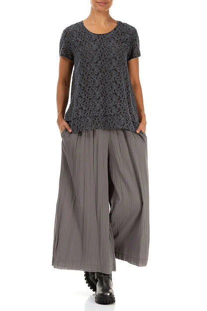 Floral Texture Slate Blue Silk Blouse 4