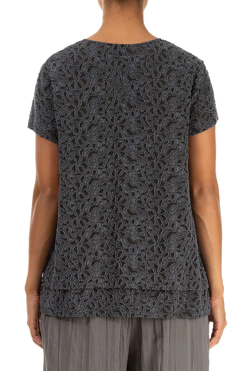 Floral Texture Slate Blue Silk Blouse 2