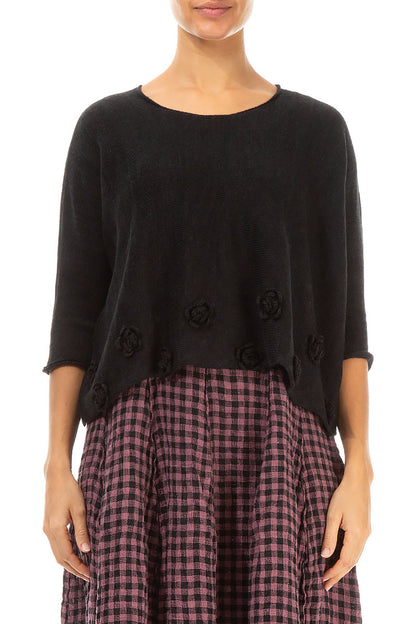 Flowers Decorated Black Linen Jumper 1