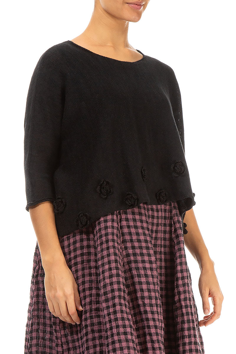 Flowers Decorated Black Linen Jumper 3