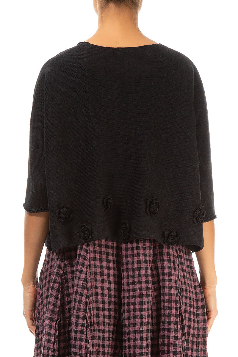 Flowers Decorated Black Linen Jumper 2