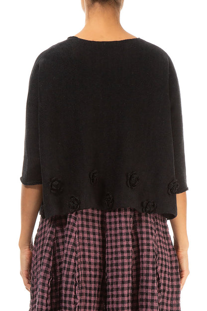 Flowers Decorated Black Linen Jumper 2