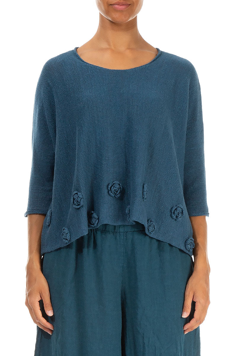 Flowers Decorated Blue Linen Jumper 1