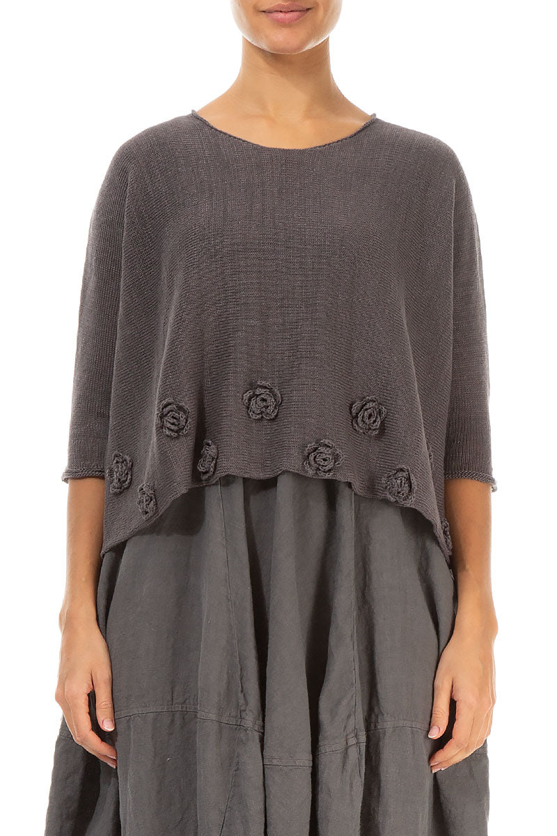 Flowers Decorated Brown Linen Jumper 1