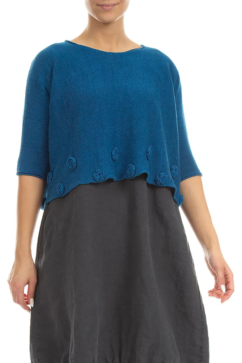 Flowers Decorated Cobalt Blue Linen Jumper
