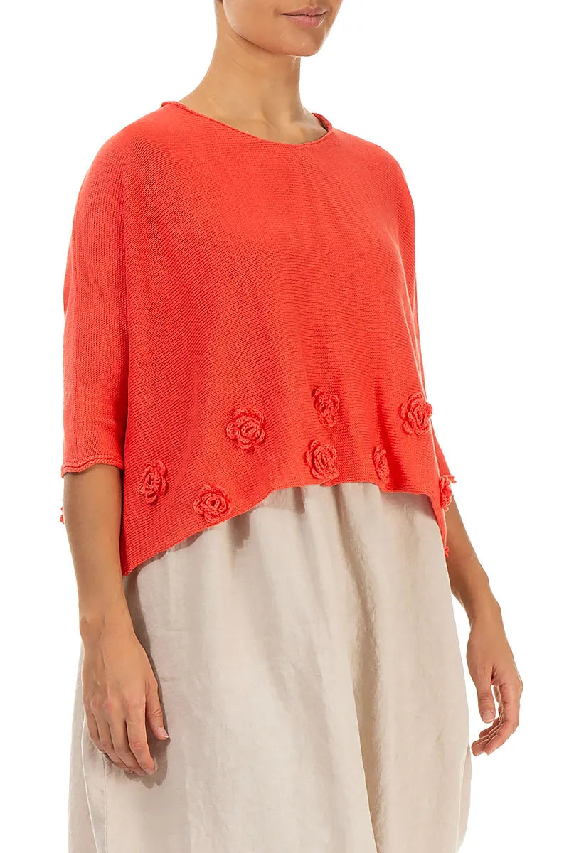 Flowers Decorated Coral Linen Jumper 3