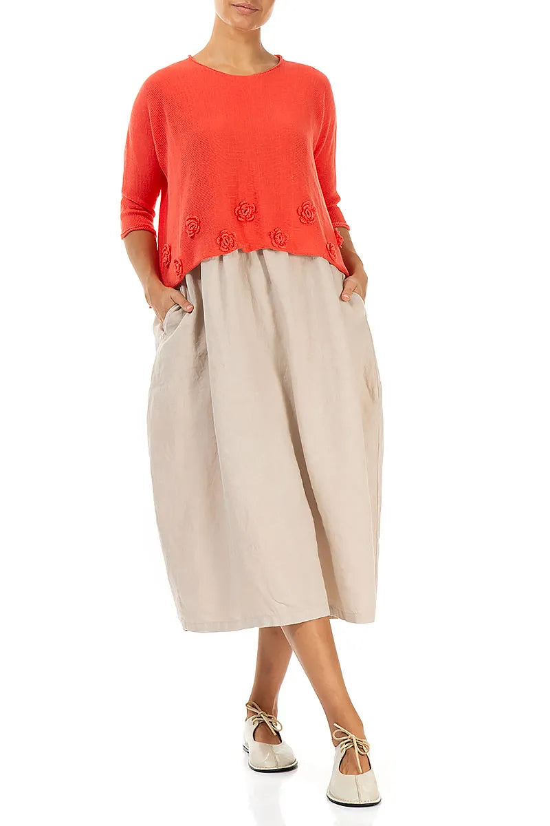 Flowers Decorated Coral Linen Jumper 4