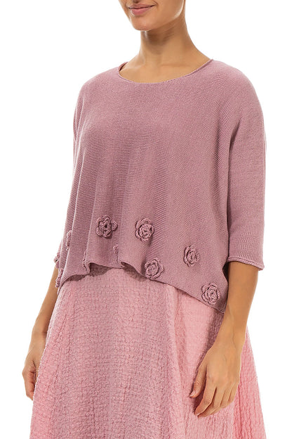 Flowers Decorated Mauve Pink Linen Jumper 3