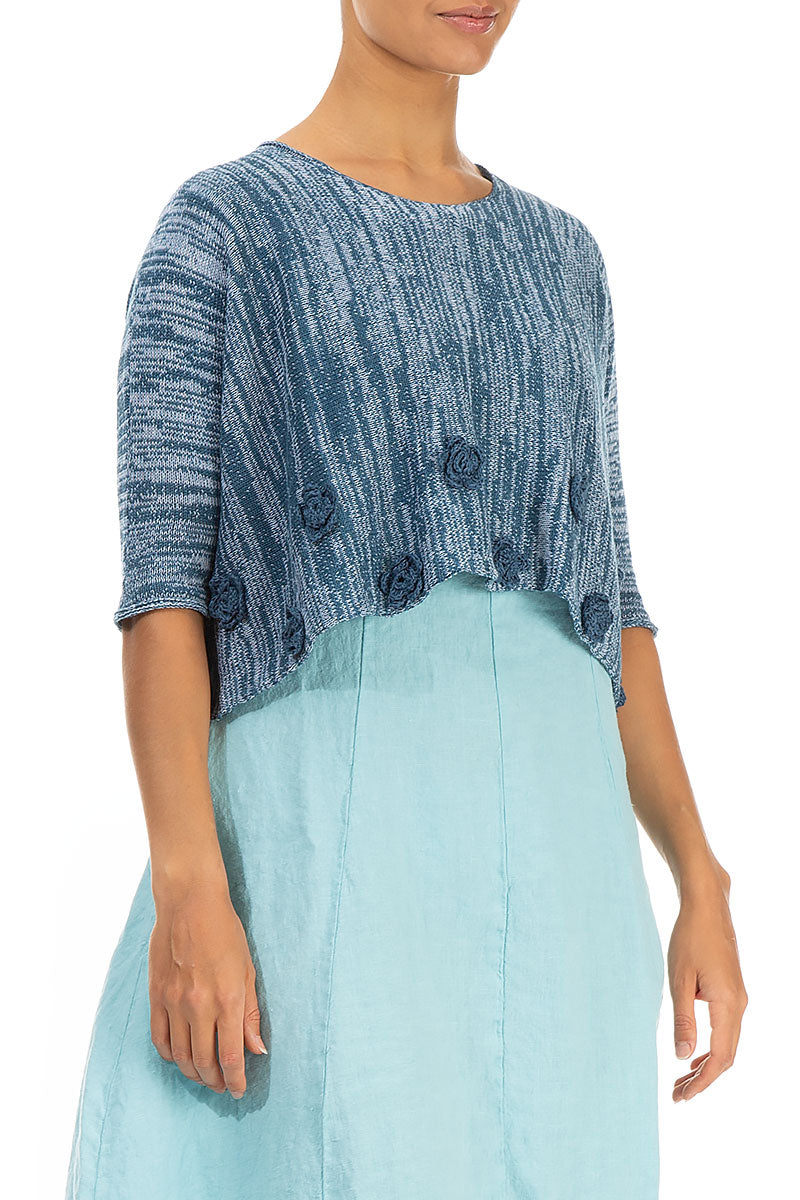 Flowers Decorated Mélange Blue Linen Jumper 3