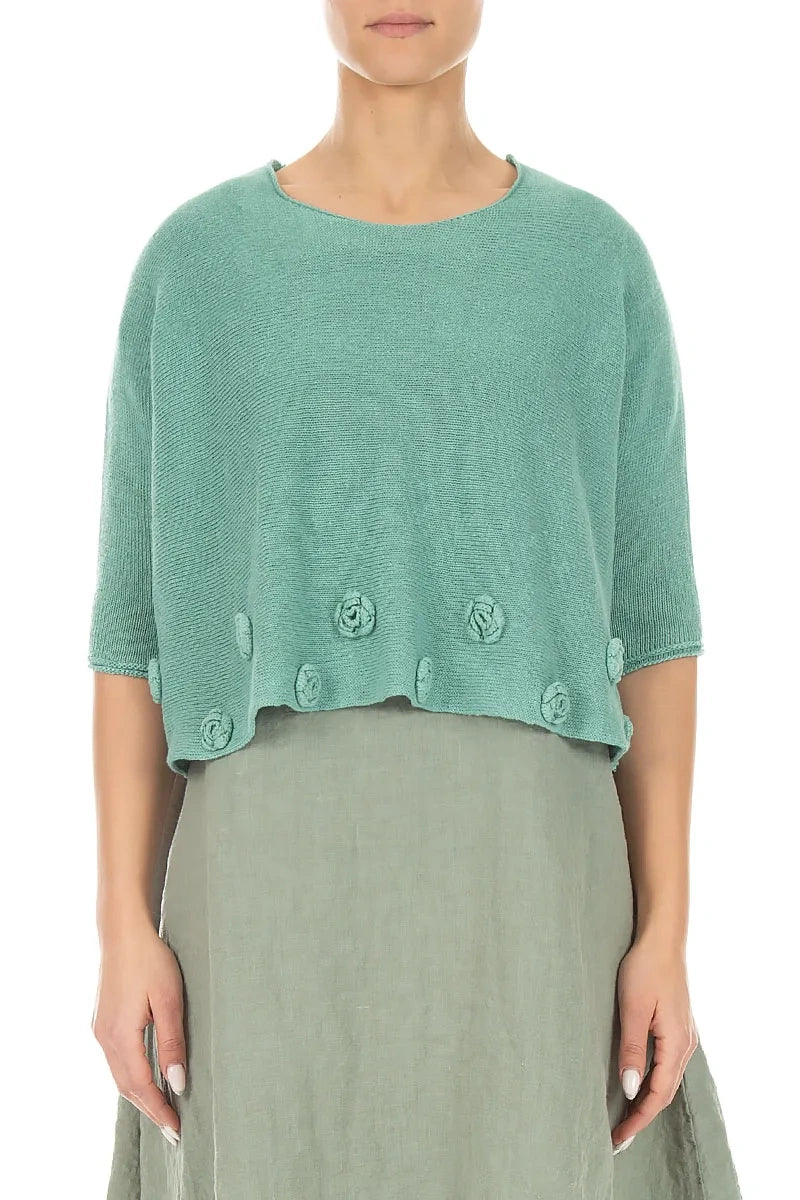 Flowers Decorated Mint Linen Jumper 1