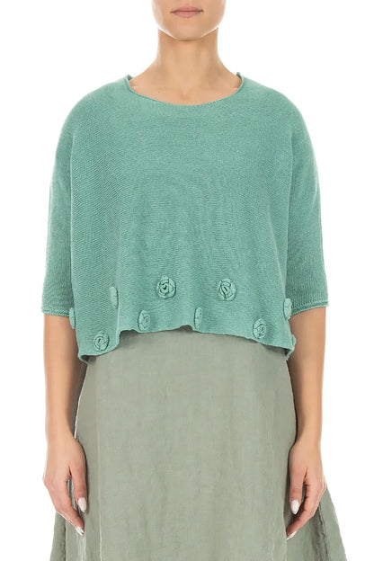 Flowers Decorated Mint Linen Jumper 1
