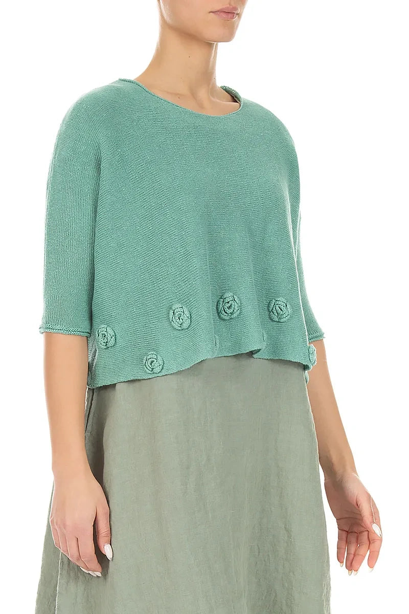 Flowers Decorated Mint Linen Jumper 3