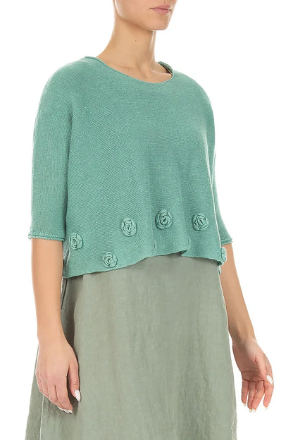 Flowers Decorated Mint Linen Jumper 3
