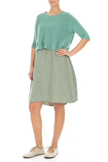 Flowers Decorated Mint Linen Jumper 4