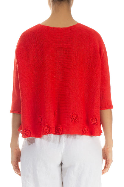 Flowers Decorated Red Linen Jumper 2