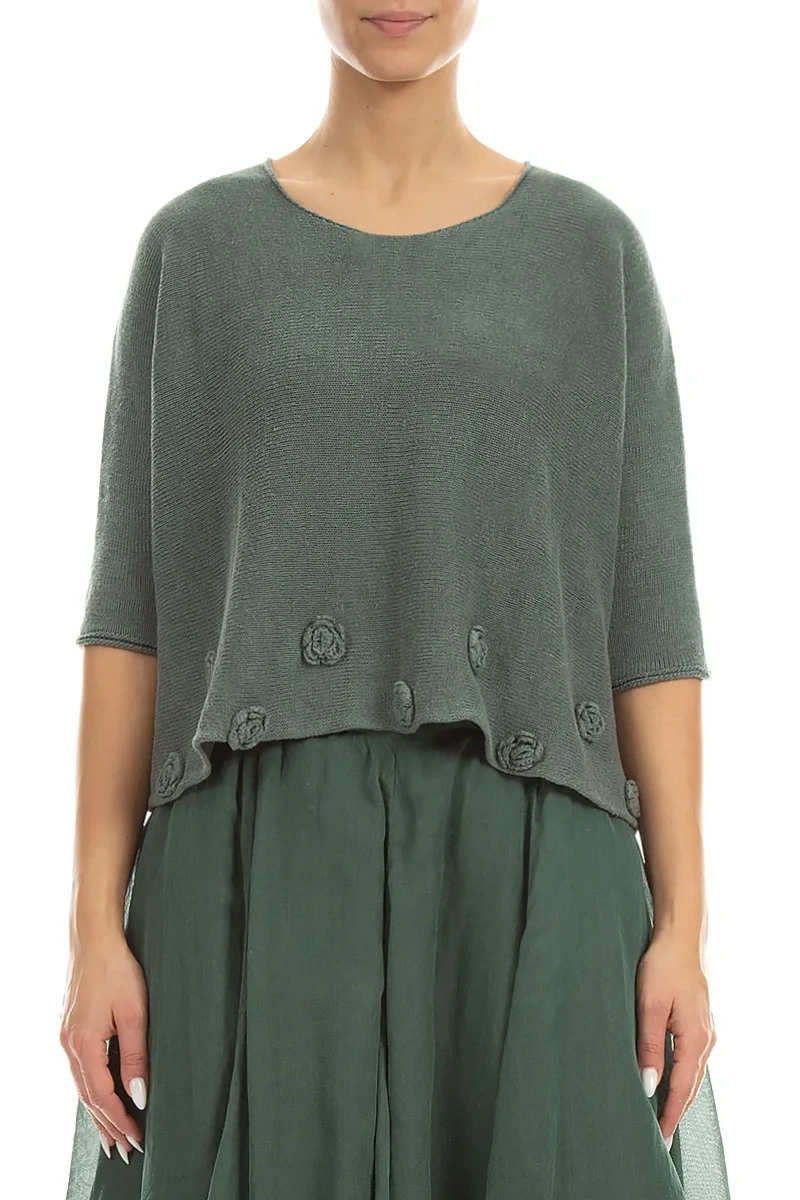 Flowers Decorated Sage Linen Jumper