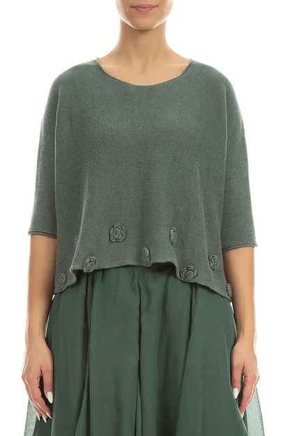 Flowers Decorated Sage Linen Jumper