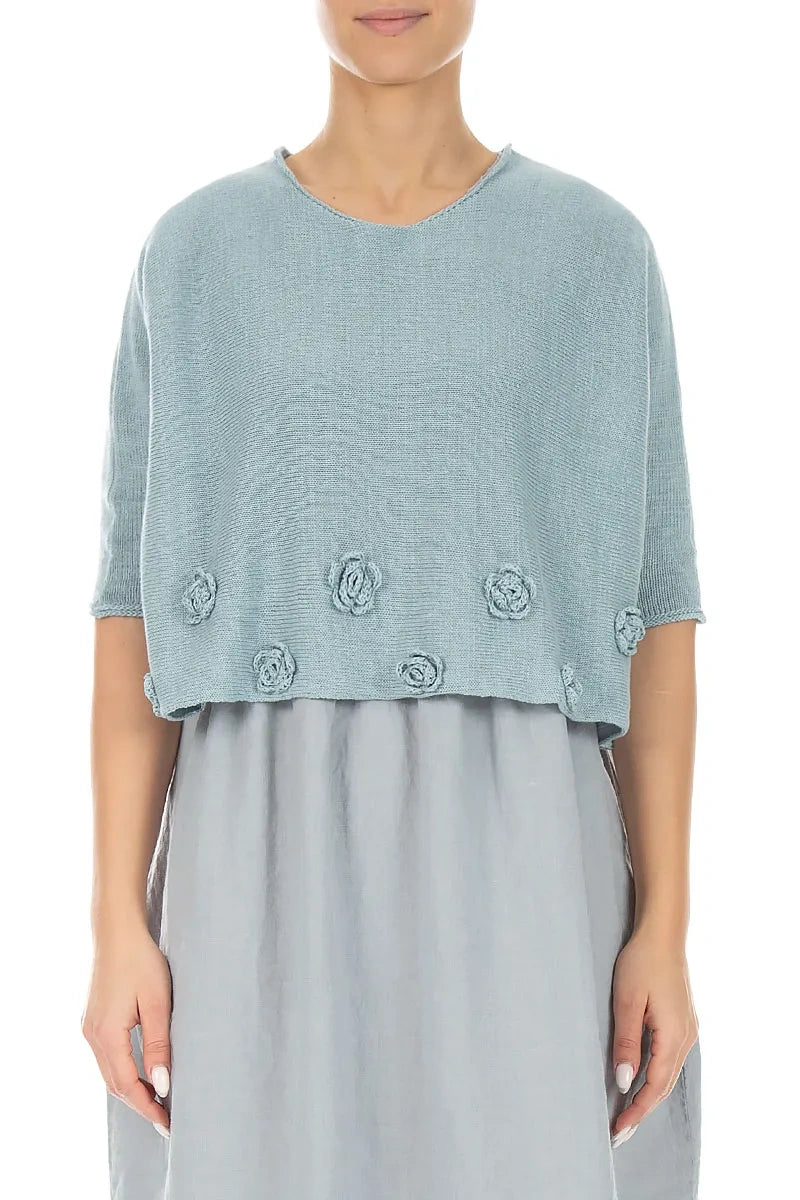 Flowers Decorated Sky Blue Linen Jumper