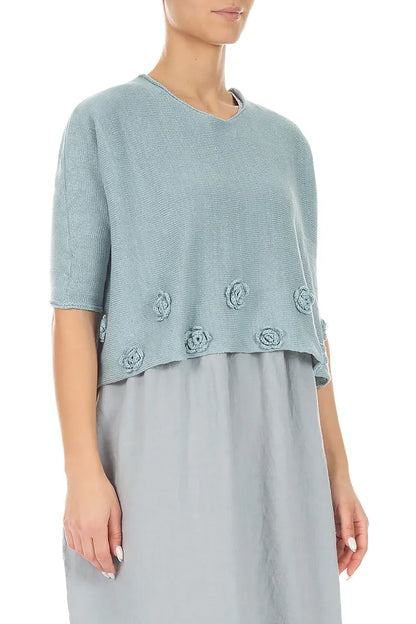 Flowers Decorated Sky Blue Linen Jumper