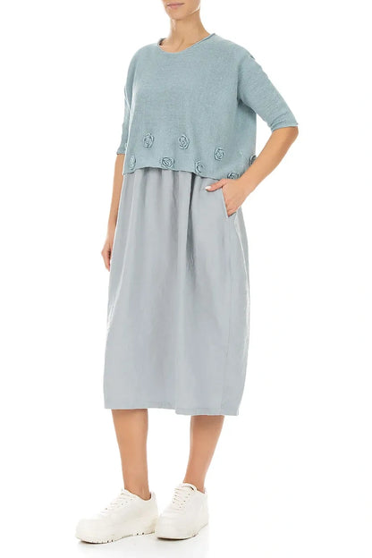 Flowers Decorated Sky Blue Linen Jumper