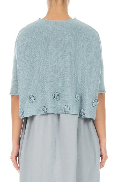 Flowers Decorated Sky Blue Linen Jumper