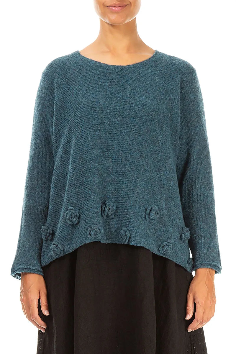 Flowers Teal Wool Sweater 1