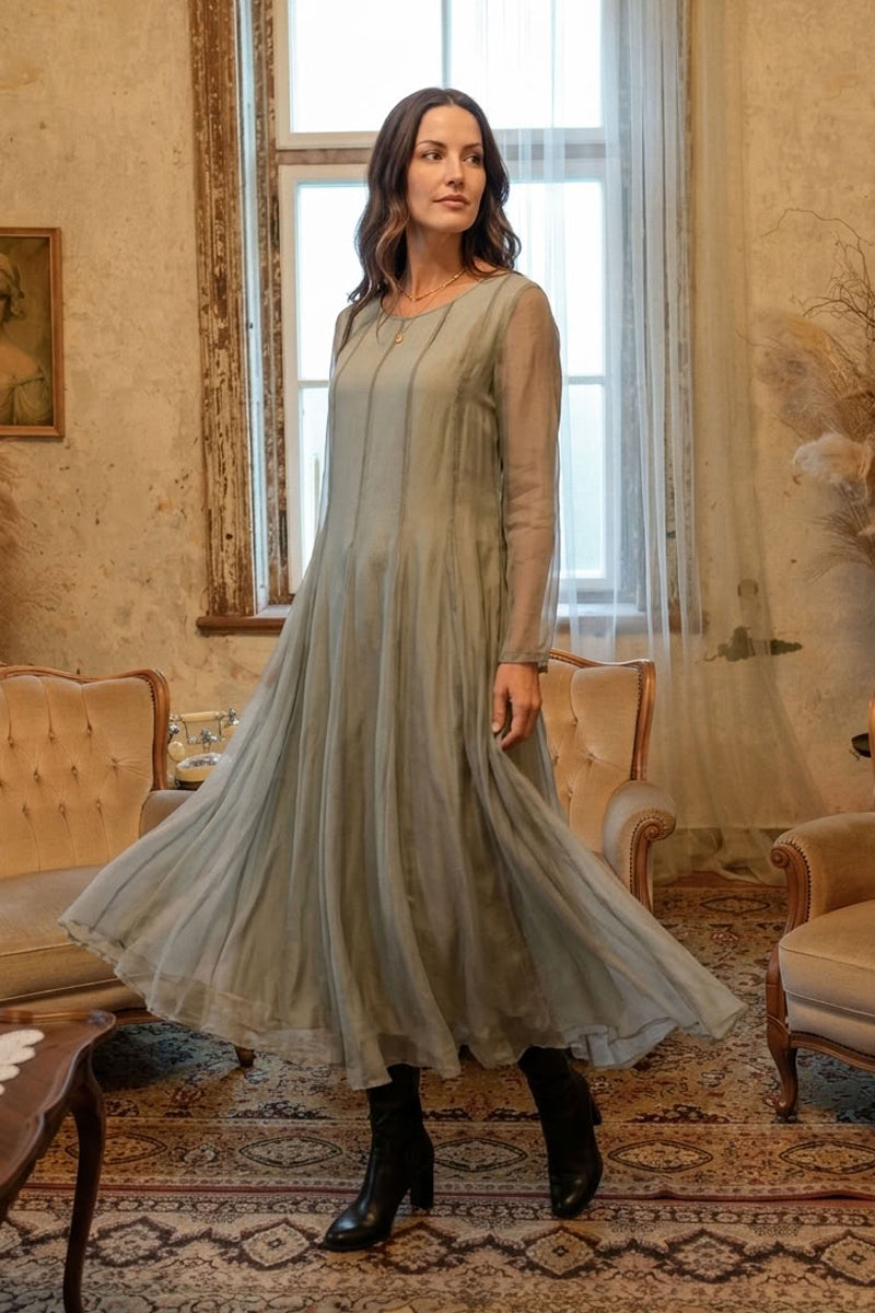 Flowing Olive Grey Silk Chiffon Dress 1