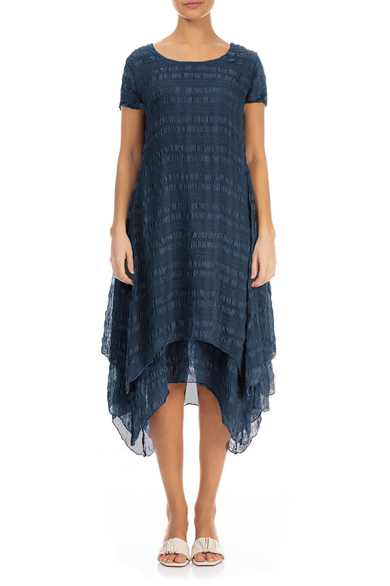 Flowy Layered Denim Blue Silk Dress 1