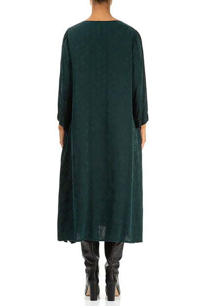 Robe fluide en soie texturée à motif paon rosette