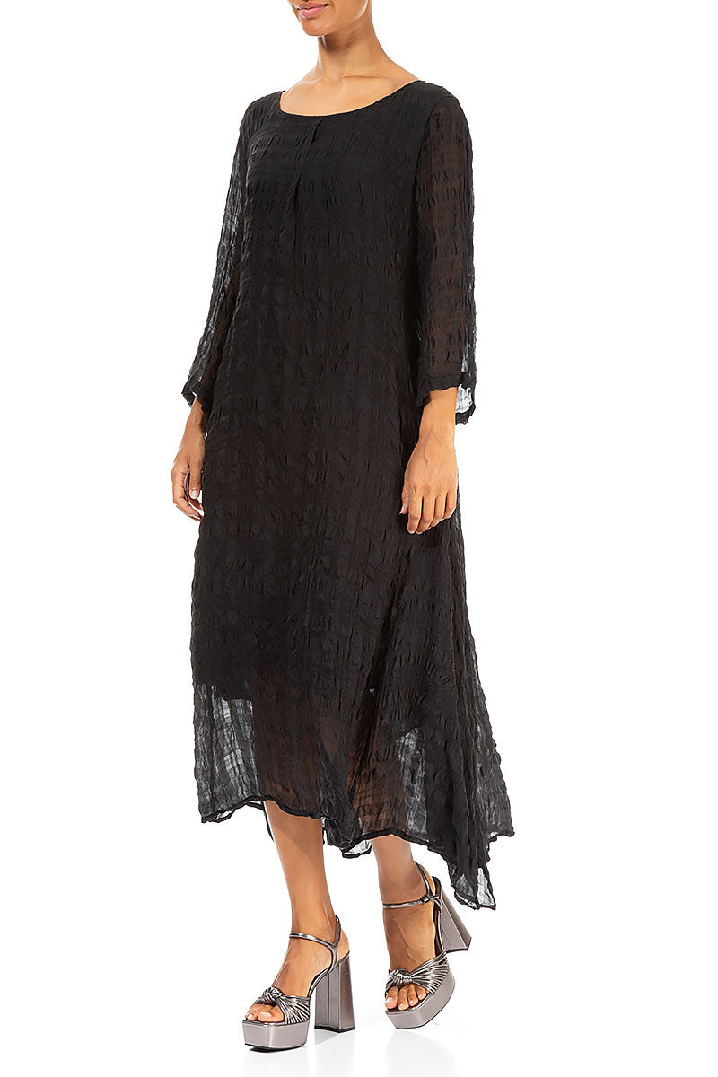 Flowy Tie Up Black Textured Silk Dress 3