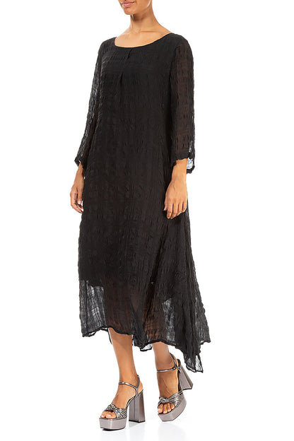 Flowy Tie Up Black Textured Silk Dress 3