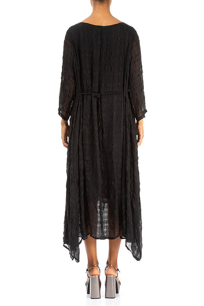 Flowy Tie Up Black Textured Silk Dress 2