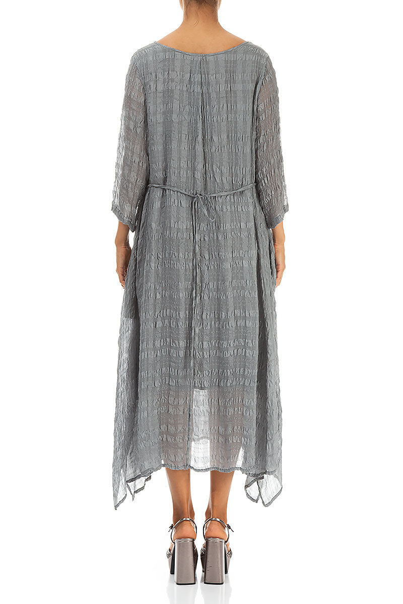 Flowy Tie Up Storm Grey Textured Silk Dress 2