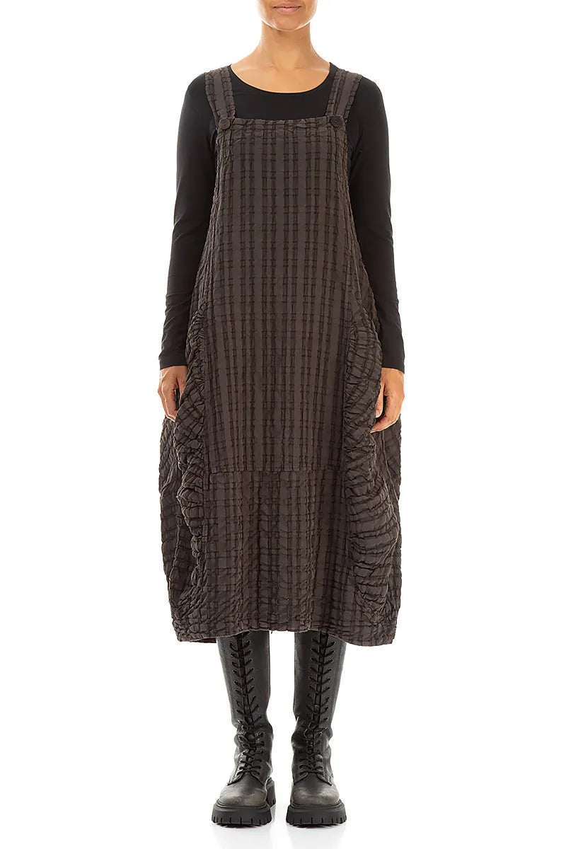 Robe chasuble en lin et coton à carreaux marron forêt