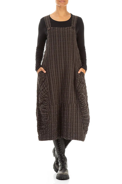 Robe chasuble en lin et coton à carreaux marron forêt
