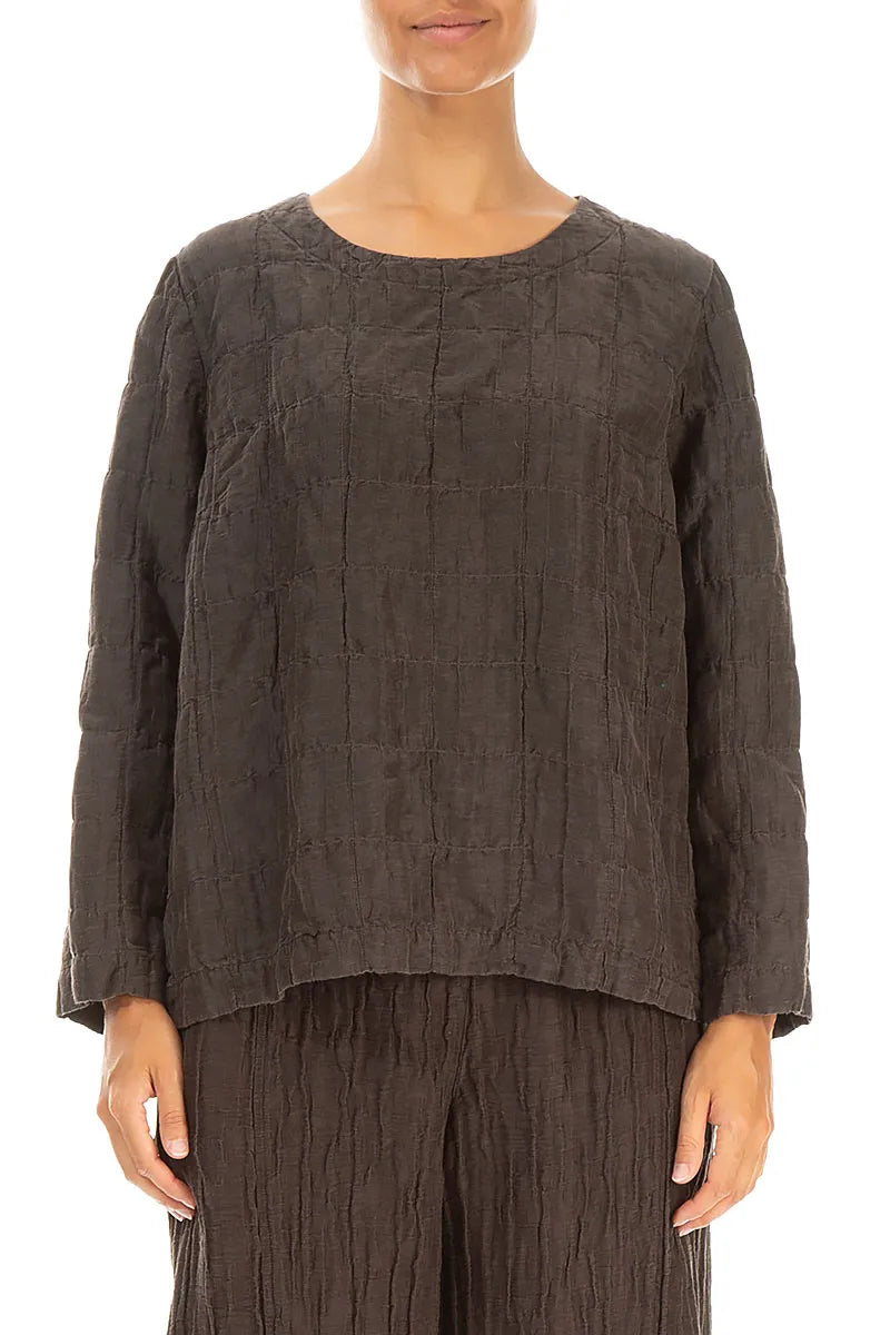 Forest Brown Pleated Silk Linen Blouse 1