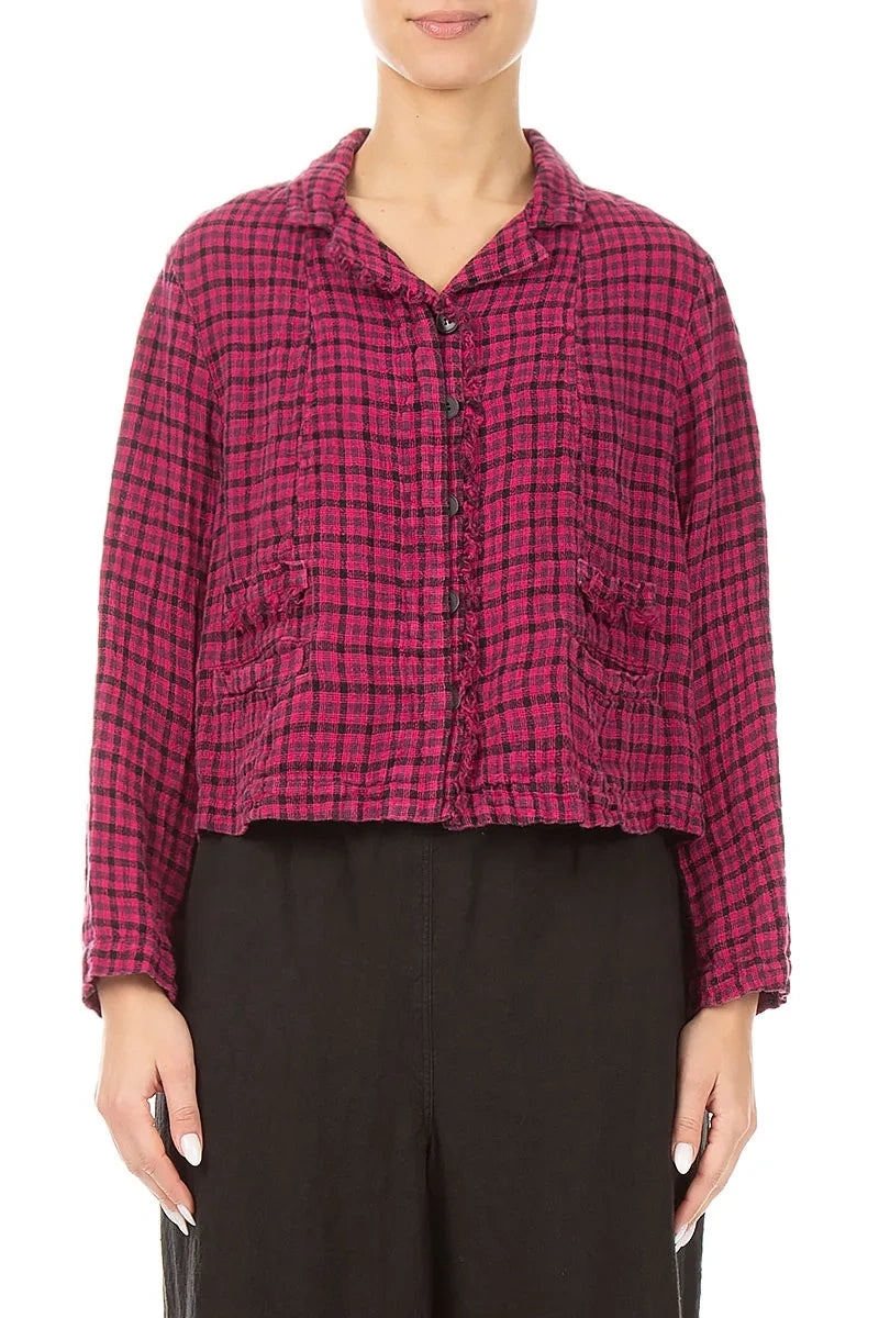 Frayed Edge Fuchsia Heritage Check Linen Jacket 1
