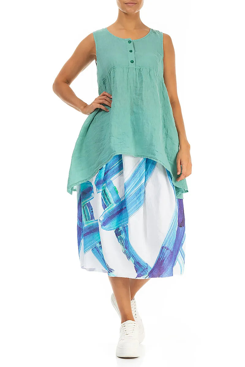 Frayed Hem Blue Brushstroke Linen Skirt