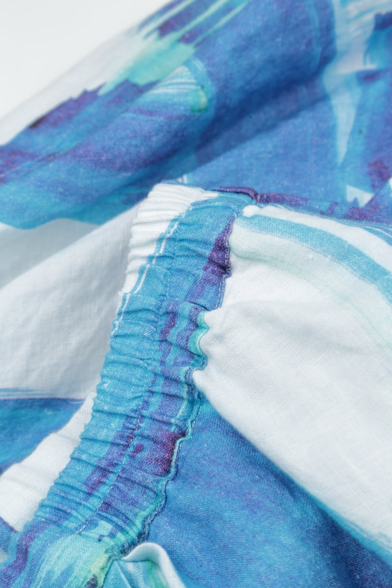 Frayed Hem Blue Brushstroke Linen Skirt