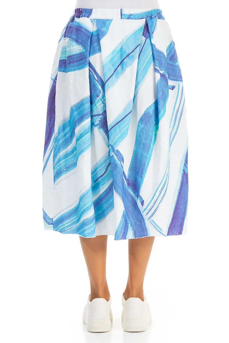 Frayed Hem Blue Brushstroke Linen Skirt