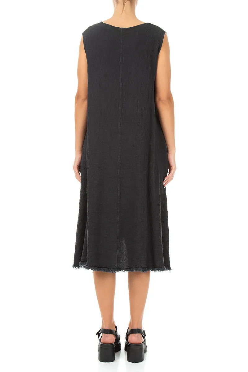 Frayed Hem Graphite Linen Viscose Dress 2