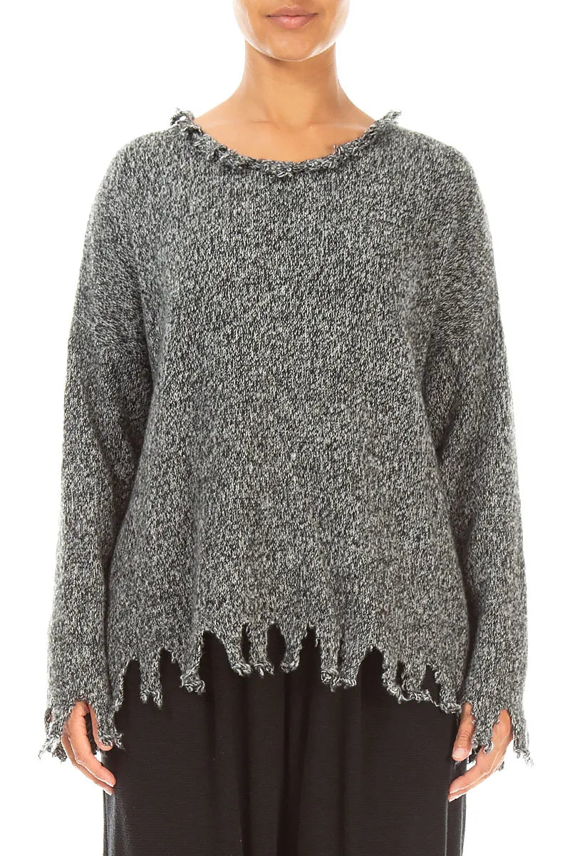 Pull en cachemire gris chiné à ourlet effiloché