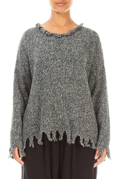 Pull en cachemire gris chiné à ourlet effiloché