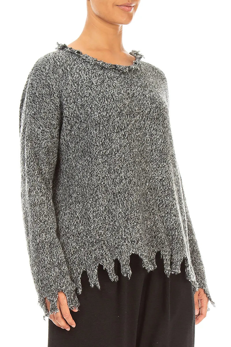 Pull en cachemire gris chiné à ourlet effiloché