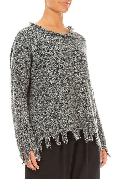 Pull en cachemire gris chiné à ourlet effiloché