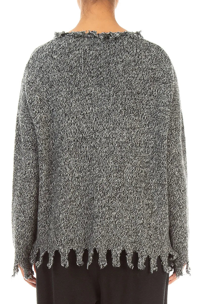 Pull en cachemire gris chiné à ourlet effiloché